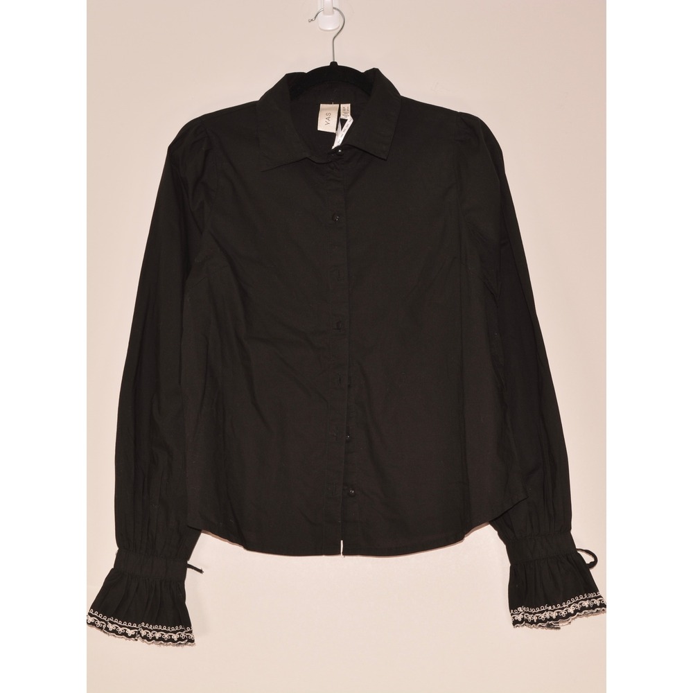 Y.A.S Black Organic Cotton Lace Trim Puff Sleeve Button Down Shirt S